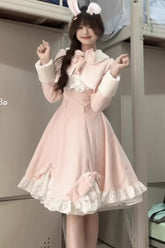 Manteau de robe Lolita princesse douce à manches longues roses avec volants et nœud, ensemble deux pièces